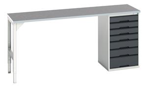 verso pedestal bench with 7 drawer 525W cab & lino worktop. WxDxH: 2000x600x930mm. RAL 7035/5010 or selected Verso Pedastal Benches with Drawer / Cupboard Unit